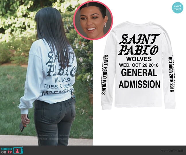 Wolves White Long Sleeve Tee by Yeezy worn by Kourtney Kardashian on Keeping Up with the Kardashians