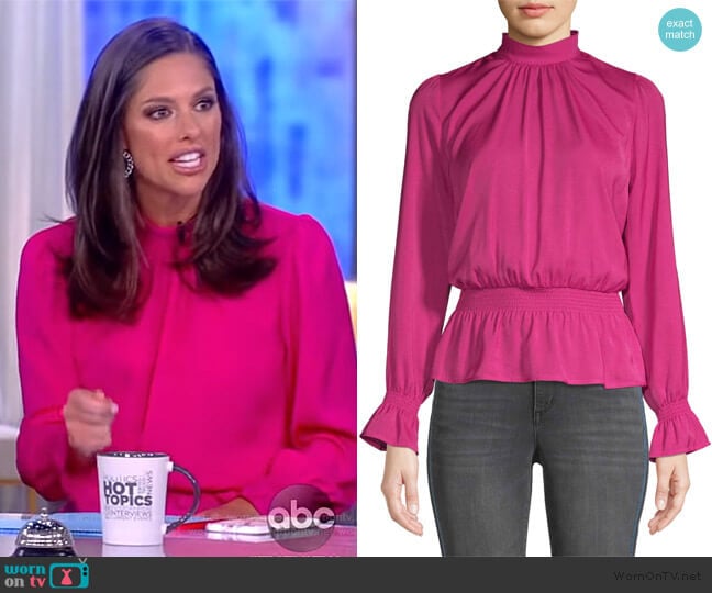 Hammered Satin Long Sleeve Peplum Top by Scoop worn by Abby Huntsman on The View