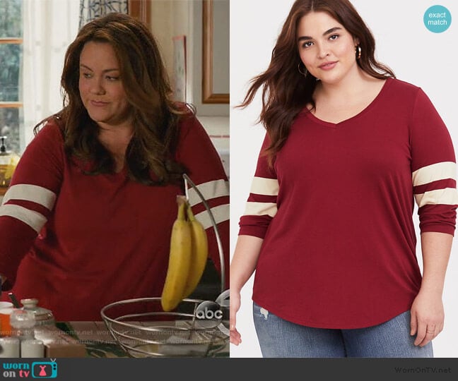 Dark Red V-Neck Football Tee by Torrid worn by Katie Otto (Katy Mixon) on American Housewife