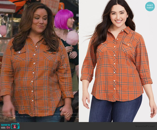 Taylor Dusty Orange Shirt by Torrid worn by Katie Otto (Katy Mixon) on American Housewife