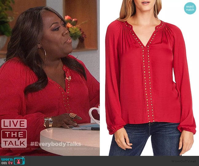 Stud-Trimmed Satin Blouse by Vince Camuto worn by Sheryl Underwood on The Talk