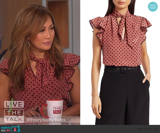 Espionage Polka Dot Flutter-Sleeve Blouse by Zimmermann worn by Carrie Inaba on The Talk