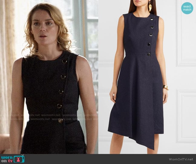 Adam Lippes Asymmetric wrap-effect denim dress worn by Annie (Susan Misner) on God Friended Me