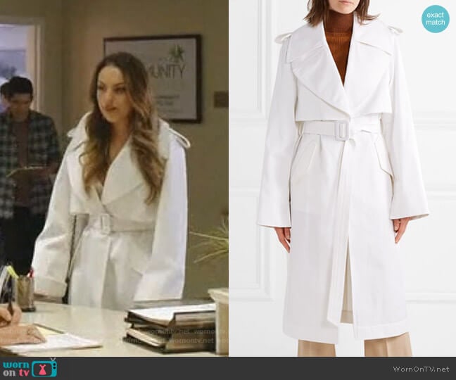 Techno Twill Trench Coat by Adam Lippes worn by Fallon Carrington (Elizabeth Gillies) on Dynasty