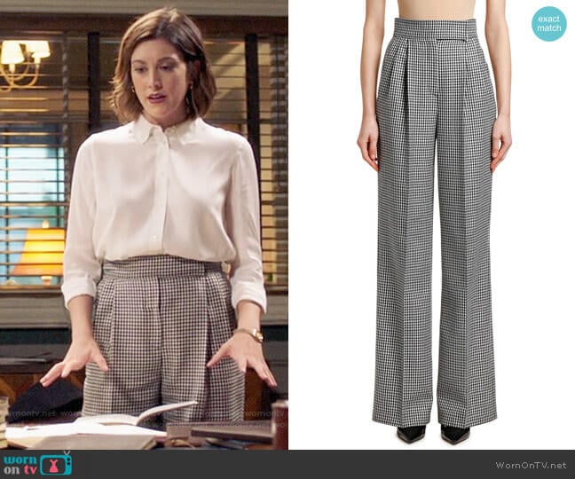 Alexander McQueen High-Rise Houndstooth Wide-Leg Trousers worn by Sydney Strait (Caitlin McGee) on Bluff City Law