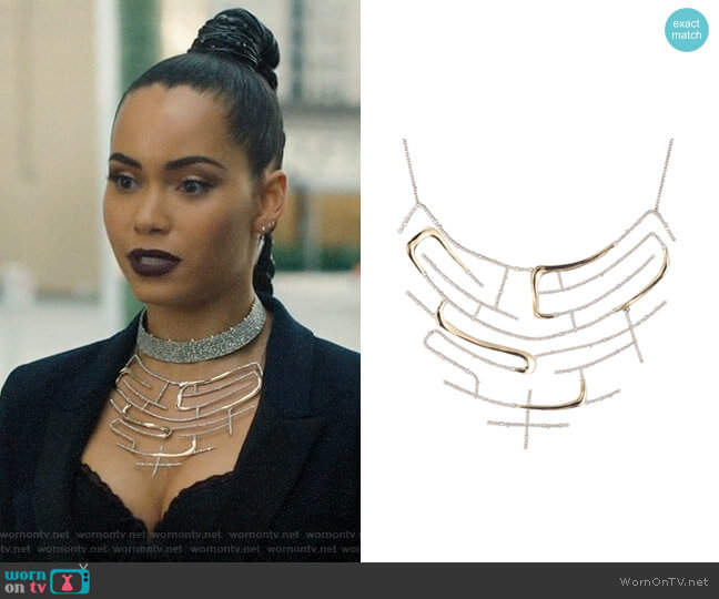 Alexis Bittar Crystal Encrusted Two Tone Maze Bib Necklace worn by Macy Vaughn (Madeleine Mantock) on Charmed