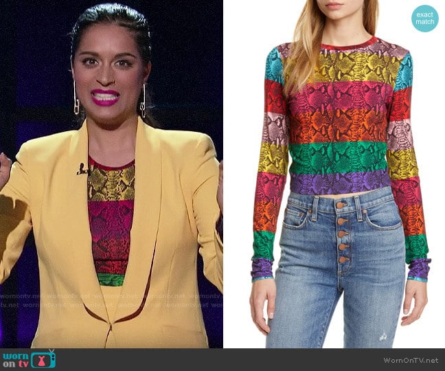 Alice + Olivia Delaina Reptile Top worn by Lilly Singh on A Little Late with Lilly Singh