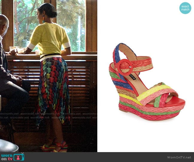 Alice + Olivia Josiey Rainbow Wedge Sandals worn by Ali Finer (Javicia Leslie) on God Friended Me