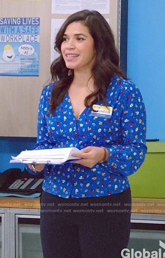 Amy’s blue floral v-neck top on Superstore