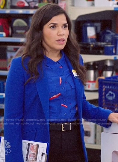 Amy’s blue printed button down shirt on Superstore