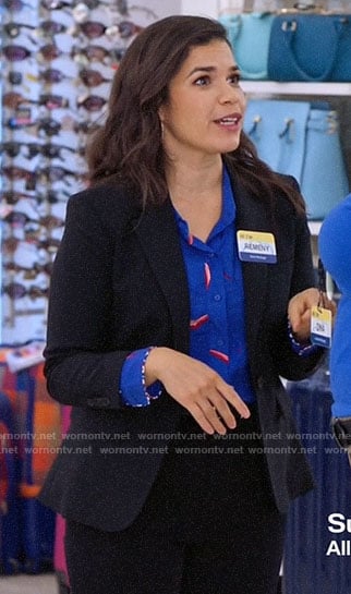 Amy’s blue printed button down shirt on Superstore