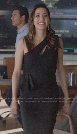 Andrea's metallic black one-shoulder dress on Supergirl