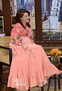 Anne Hathaway’s pink floral maxi dress on Live with Kelly and Ryan