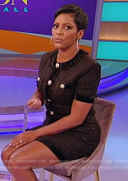 Tamron’s black tweed mini dress with buttons on Tamron Hall Show