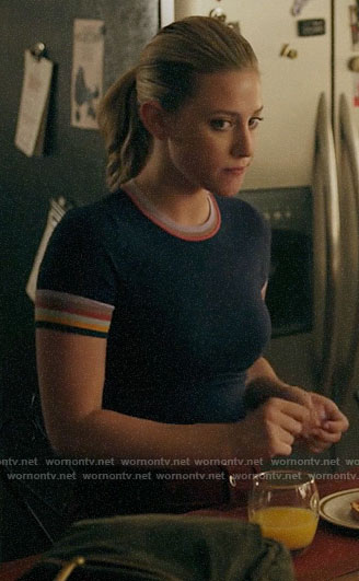 Betty’s blue top with striped trim on Riverdale