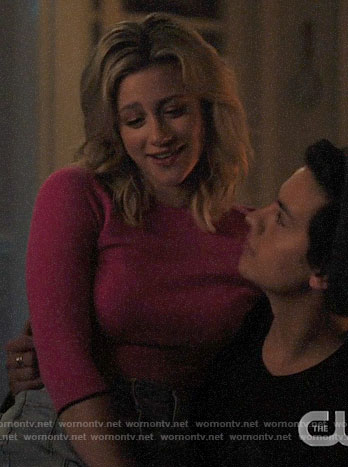 Betty’s pink crop sweater with black trim on Riverdale