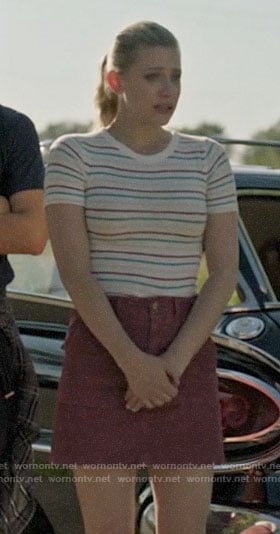Betty’s striped top and red corduroy skirt on Riverdale
