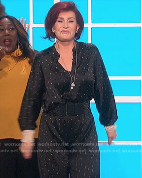 Sharon’s black satin dotted blouse and pants on The Talk