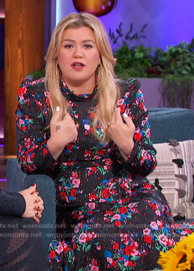 Kelly’s black floral mock neck dress on The Kelly Clarkson Show