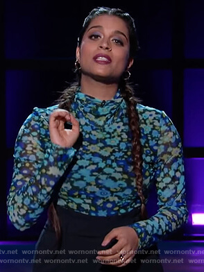 Lilly’s floral print turtleneck top on A Little Late with Lilly Singh
