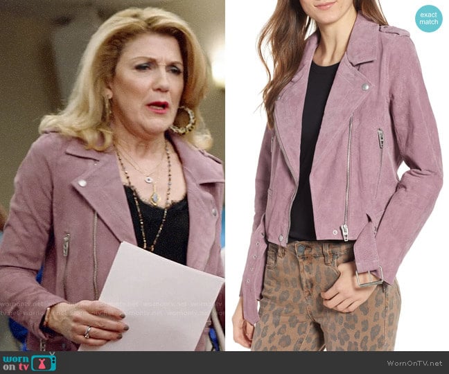 Blank NYC Lilac Suede Moto Jacket worn by Diane on Almost Family worn by Diane Doyle (Victoria Clark) on Almost Family