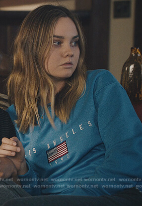 McKenna's blue Los Angeles sweatshirt on Light as a Feather