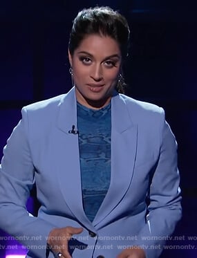 Lilly's blue snakeskin print top on A Little Late with Lilly Singh