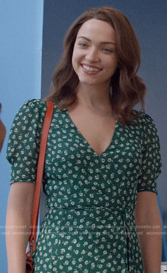 Cara's green floral wrap dress on God Friended Me