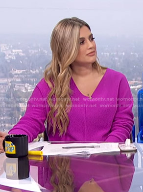 Carissa’s purple ribbed v-neck sweater on E! News Daily Pop