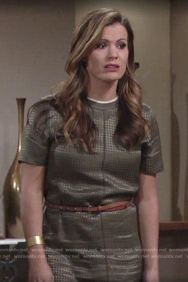 Chelsea’s khaki houndstooth dress on The Young and the Restless