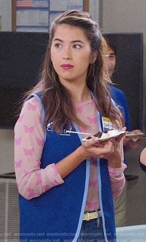 Cheyenne's pink butterfly print top on Superstore