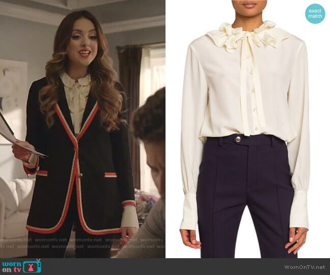 Ruffle Collar Tieneck Silk Blouse by Chloe worn by Fallon Carrington (Elizabeth Gillies) on Dynasty