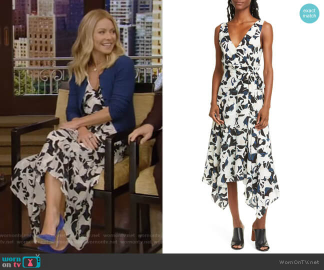 Abstract Print Faux Wrap Handkerchief Hem Silk Dress by Club Monaco worn by Kelly Ripa on Live with Kelly and Mark