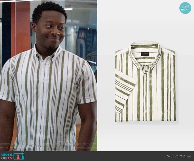 Club Monaco Slim Short-Sleeve Stripe Shirt worn by Miles Finer (Brandon Micheal Hall) on God Friended Me