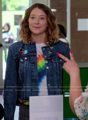 Nonnie's denim jacket and rainbow print tee on Insatiable