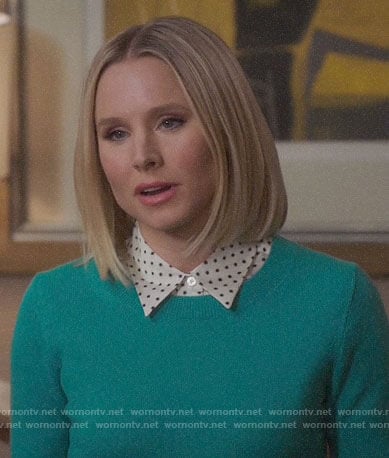 Eleanor’s star print shirt and green sweater on The Good Place