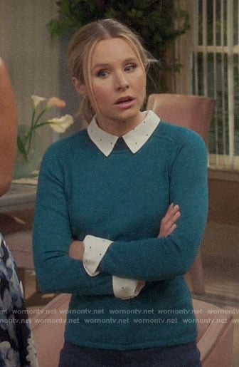 Eleanor’s teal sweater and heart print shirt on The Good Place