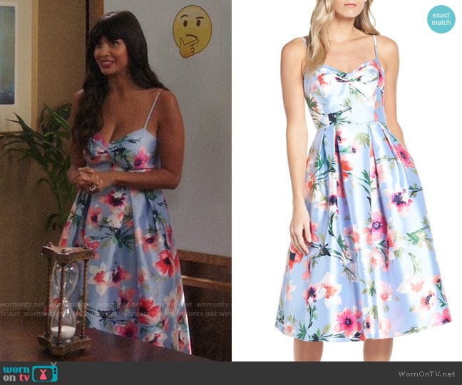 Eliza J Floral Print Satin Cocktail Dress worn by Tahani Al-Jamil (Jameela Jamil) on The Good Place