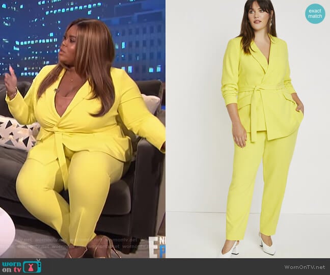 Tie Waist Long Blazer and Tailored Ankle Trouser by Eloquii worn by Nina Parker on E! News