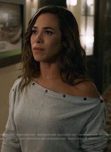 Emily’s grey button sleeve sweater on All Rise