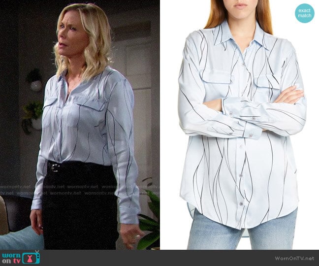 Equipment Blue Aere Eclpse Slim Signature Silk Shirt worn by Brooke Logan (Katherine Kelly Lang) on The Bold and the Beautiful