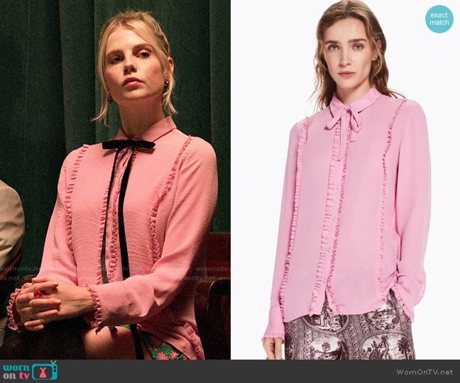 Fernweh Pink Ruffle Blouse w/ Bow worn by Astrid (Lucy Boynton) on The Politician