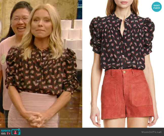 Floral Ruched Sleeve Silk Blouse by Frame worn by Kelly Ripa on Live with Kelly and Mark