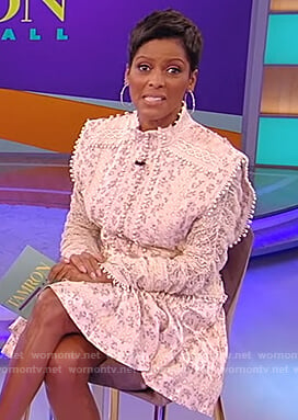 Tamron’s white floral lace trim dress on Tamron Hall Show