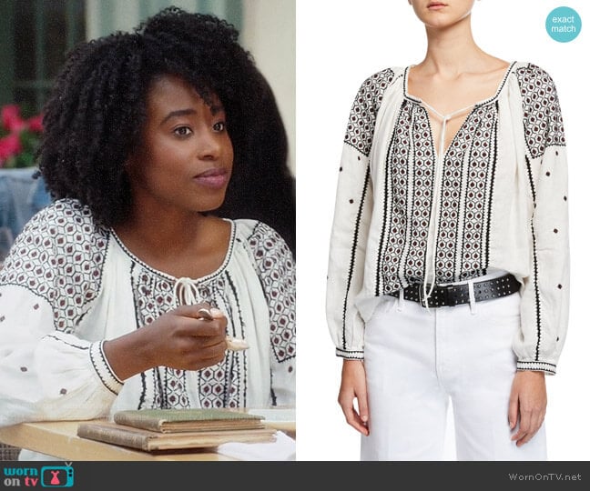 Frame Anita Peasant Blouse worn by Simone Garnett (Kirby Howell-Baptiste) on The Good Place