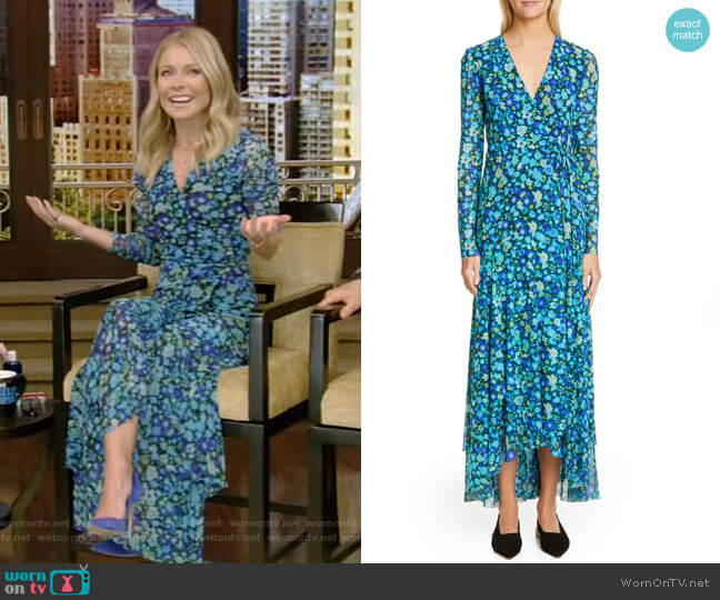 Floral Print Mesh Maxi Wrap Dress by Ganni worn by Kelly Ripa on Live with Kelly and Mark