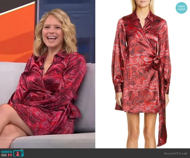 Long Sleeve Silk Satin Wrap Dress by Ganni worn by Sara Haines on Good Morning America