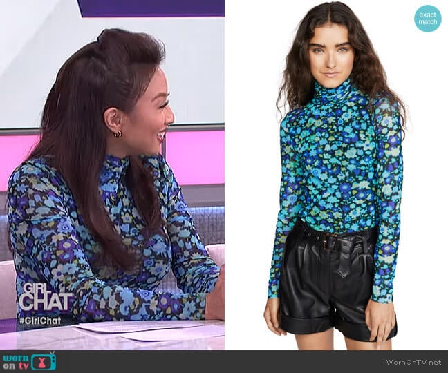 Printed Mesh Top by Ganni worn by Jeannie Mai on The Real