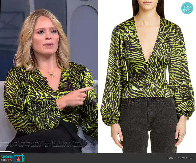 Tiger Print Silk Satin Blouse by Ganni worn by Sara Haines on Good Morning America