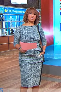 Gayle’s plaid dress with contrasting stripe on CBS This Morning